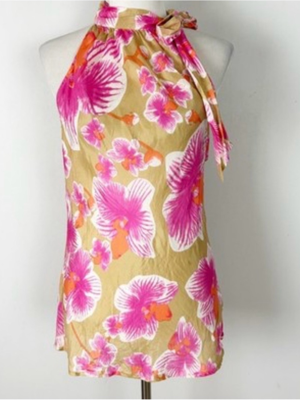Cache Pink Floral Halter Tunic with Tan Accents